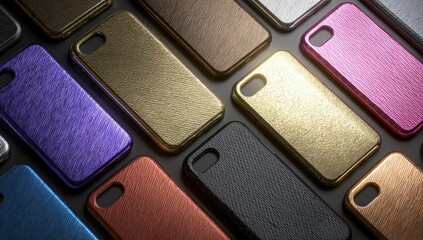 Colorful phone cases arranged on a dark surface