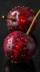 Close-up of Two Fresh, Water Droplet Covered Cherries