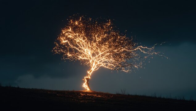 Illuminated tree silhouette at night