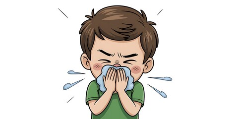 Young boy sneezing into tissue with visible droplets, representing cold or allergies