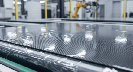 Industrial robotic arm operates in modern factory, automated production of lightweight carbon fiber composite panels, advanced materials technology for manufacturing innovation