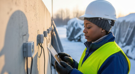 Focused female construction worker in safety helmet and reflective vest inspecting outdoor sensors on snowy industrial site using digital tablet technology