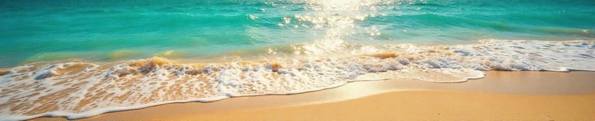 Golden sand sparkles under the bright summer sun, turquoise waves gently lap the shore, creating a postcard-perfect sunny beach scene Ideal for travel, vacation, and summer themes , heat, summer