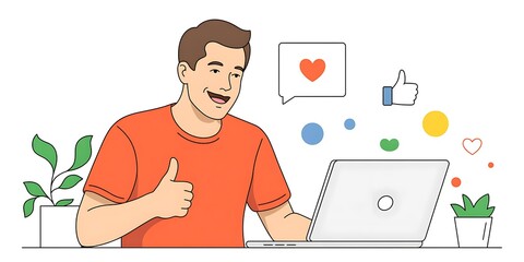 Man happily giving thumbs up while working on laptop surrounded by social media icons and plants