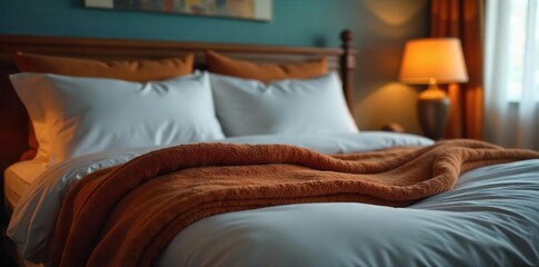 Cozy blankets piled high on a motel bed, soft lighting, inviting atmosphere Perfect for a restful night's sleep , plush, warm, pillows