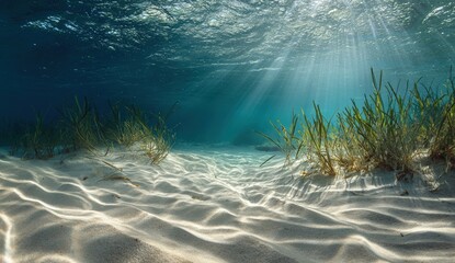 Sunlight streams through the tranquil underwater sandy seabed
