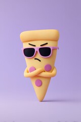 Grumpy pizza slice in sunglasses, arms crossed, frowning on pastel purple, bold attitude in cartoon style.