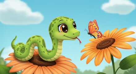 Fototapeta premium Cute baby snake peeking out from a flower with a butterfly landing on it