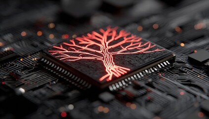 Close-up of a circuit board with a glowing tree-shaped design on a microchip