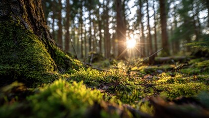 Sunlight filters through a mossy forest floor