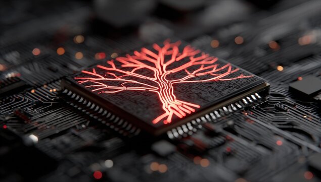 Close-up of a circuit board with a glowing tree-shaped design on a microchip