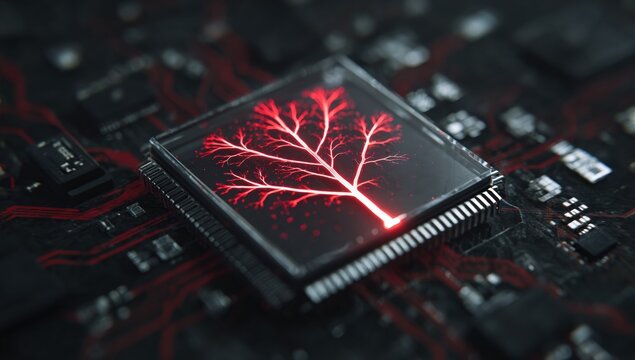 Close-up of circuit board with glowing tree graphic