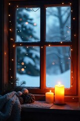 Cozy winter scene with flickering candlelight illuminating a snowy landscape outside a rustic window Perfect for holiday, winter, and hygge themes , glow, romantic, candles