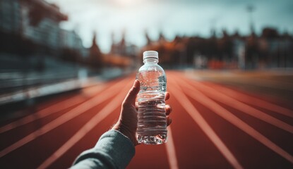 Hand holding water bottle on running track