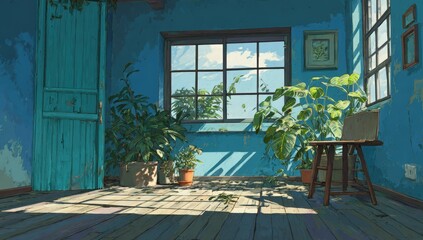 A sunlit, rustic room filled with plants