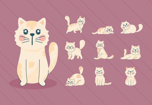 Beige And Pink Cat Animal Cute Funny Cartoon Illustrations Set