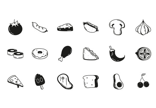Black And White Doodle Food Meat Line Icons Set