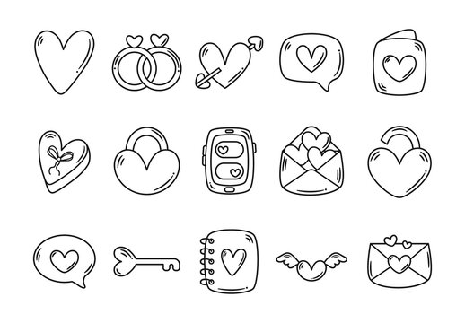 Black And White Love Doodle Romance Wedding Line Icons Set