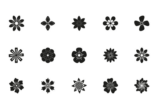 Black Nature Silhouettes Floral Blossom Icons Set
