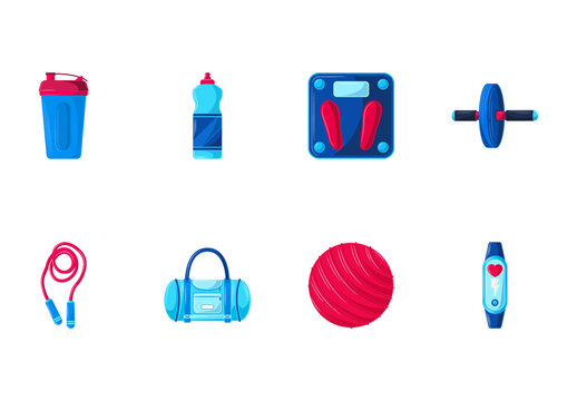 Blue And Pink Fitness Gym Healthy Lifestyle Equipment Illustrations Set