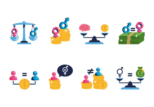 Colorful Gender Equality Salary Wage Money Icons Set