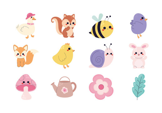 Colorful Spring Animals Cute Illustrations Set