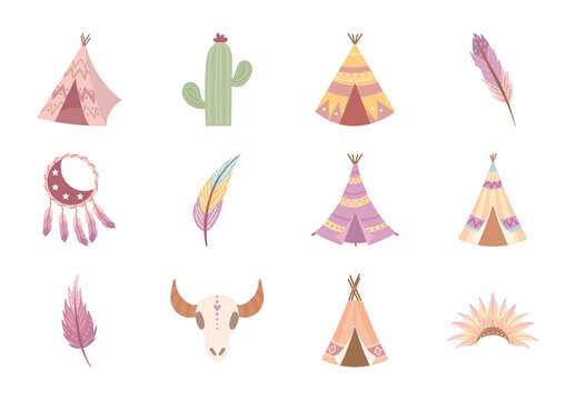 Brown And Purple Teepee Bohemian Culture Illustrations Set