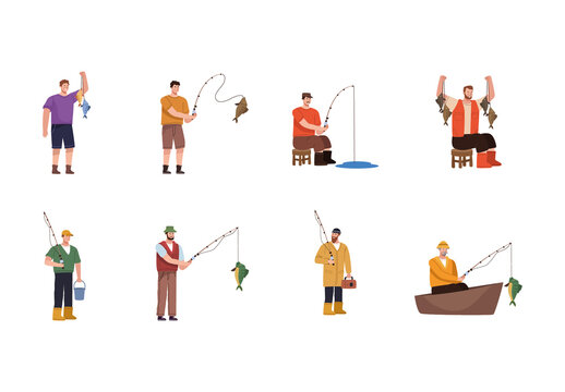 Colorful Adults Fishing Characters Catch Fish Illustrations Set
