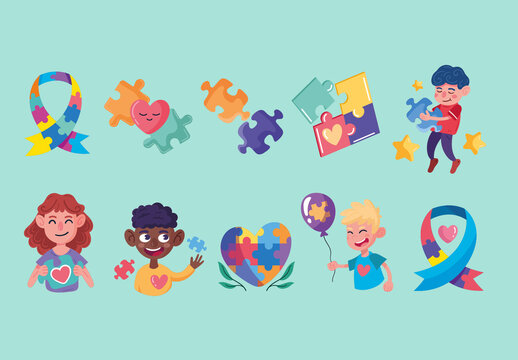 Colorful Autism Day Celebration Awareness Campaign Illustrations Set
