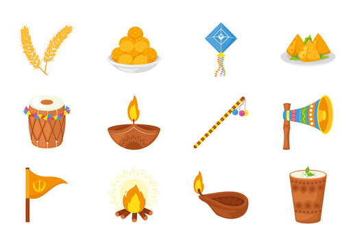 Colorful Baisakhi Traditional Festival Punjabi Culture Illustrations Set