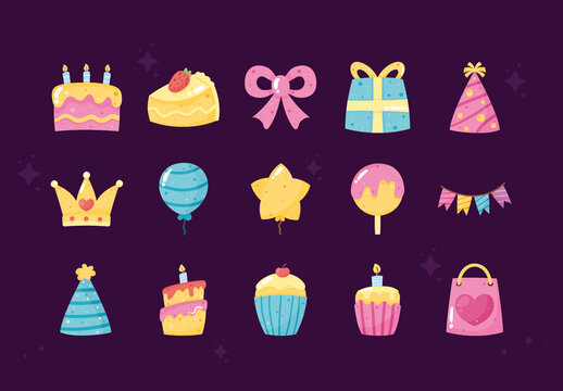 Colorful Birthday Cute Party Illustrations Set