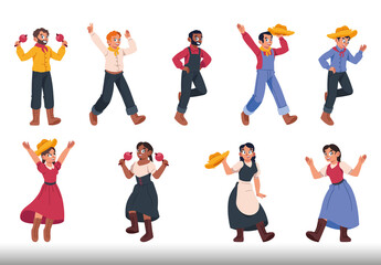 Colorful Festa Junina Brazilian Traditional Characters Folk Illustrations Set