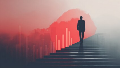 A silhouette of a businessman walking up stairs, with a stylized city skyline and graphs behind him