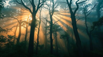 Obraz premium sunlight filtering through a dense forest