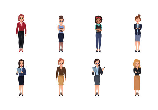 Colorful Entrepreneur Woman Character Business Office Illustrations Set