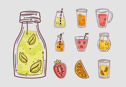 Colorful Detox Juice Refreshing Healthy Illustrations Set