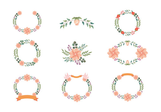 Colorful Floral Wreath Nature Frame Leaves Flowers Illustrations Set