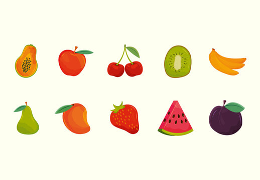 Colorful Fruits Fresh Delicious Healthy Food Illustrations Set