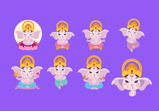 Colorful Ganesh Chaturthi Hindu Character Indian Illustrations Set