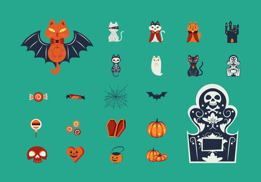 Colorful Halloween Celebration Spooky Illustrations Set