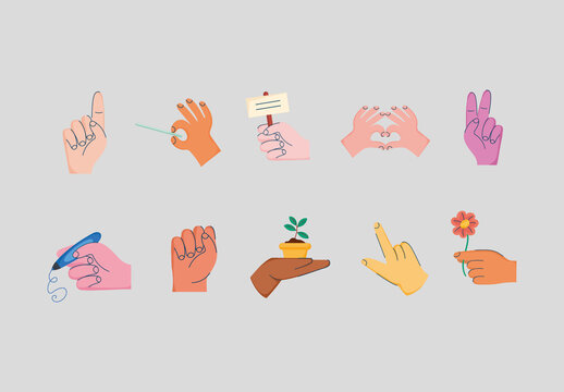 Colorful Hands Gesture Symbol Cartoon Illustrations Set