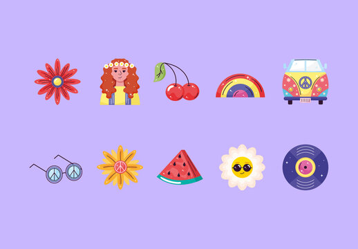Colorful Hippie Culture Retro Illustrations Set