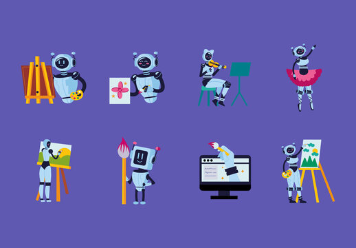 Colorful IA Artists Robots Practicing Activities Illustrations Set