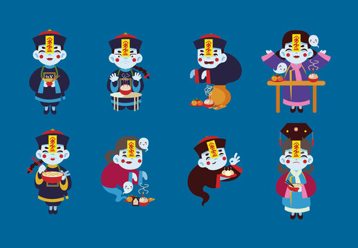 Colorful Hungry Ghost Festival Asian Culture Spirits Illustrations Set