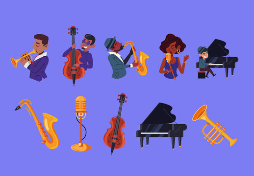 Colorful Jazz Musician Illustrations Set