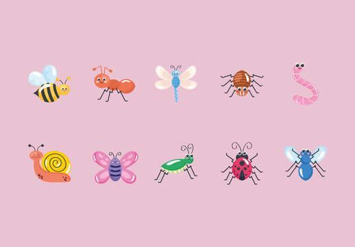 Colorful Insects Doodle Cute Animal Illustrations Set