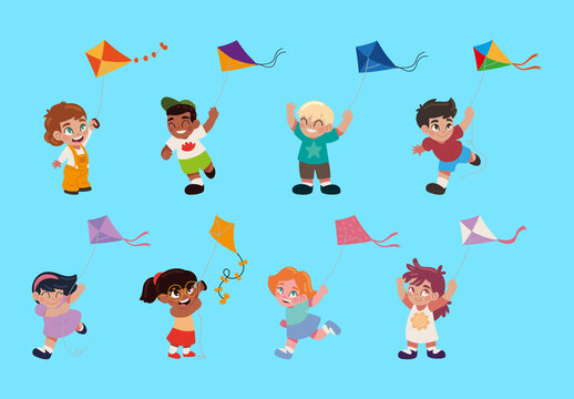 Colorful Kids Flying Kite Outdoor Fun Playful Illustrations Set