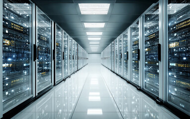 Large server room with rows of server racks and bright lighting