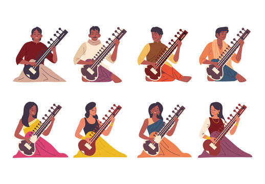 Colorful Sitar Musician Indian Traditional People Illustrations Set