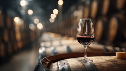 Wine glass filled with red wine on wooden barrel in a cellar